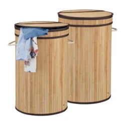 2 X Wäschekorb Bambus Mit Deckel Schwarz