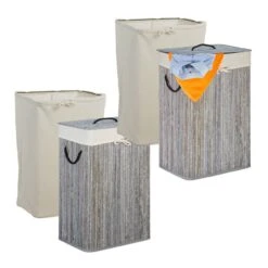 2 X Wäschekorb Bambus Rechteckig Grau